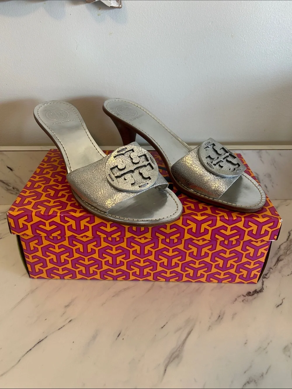 Tory Burch Metallic Silver Logo Mule Slides